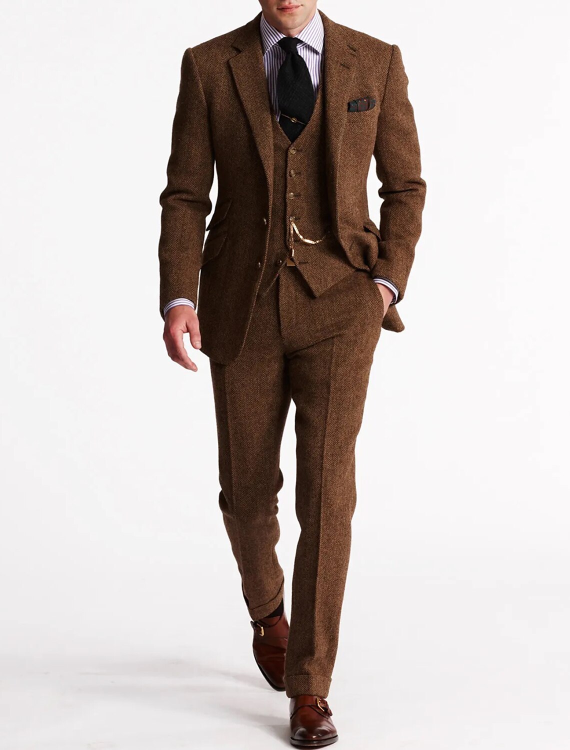 Men's Tweed Herringbone 3 Piece Suit, Slim Fit Notch Lapel Wedding Guest Suit