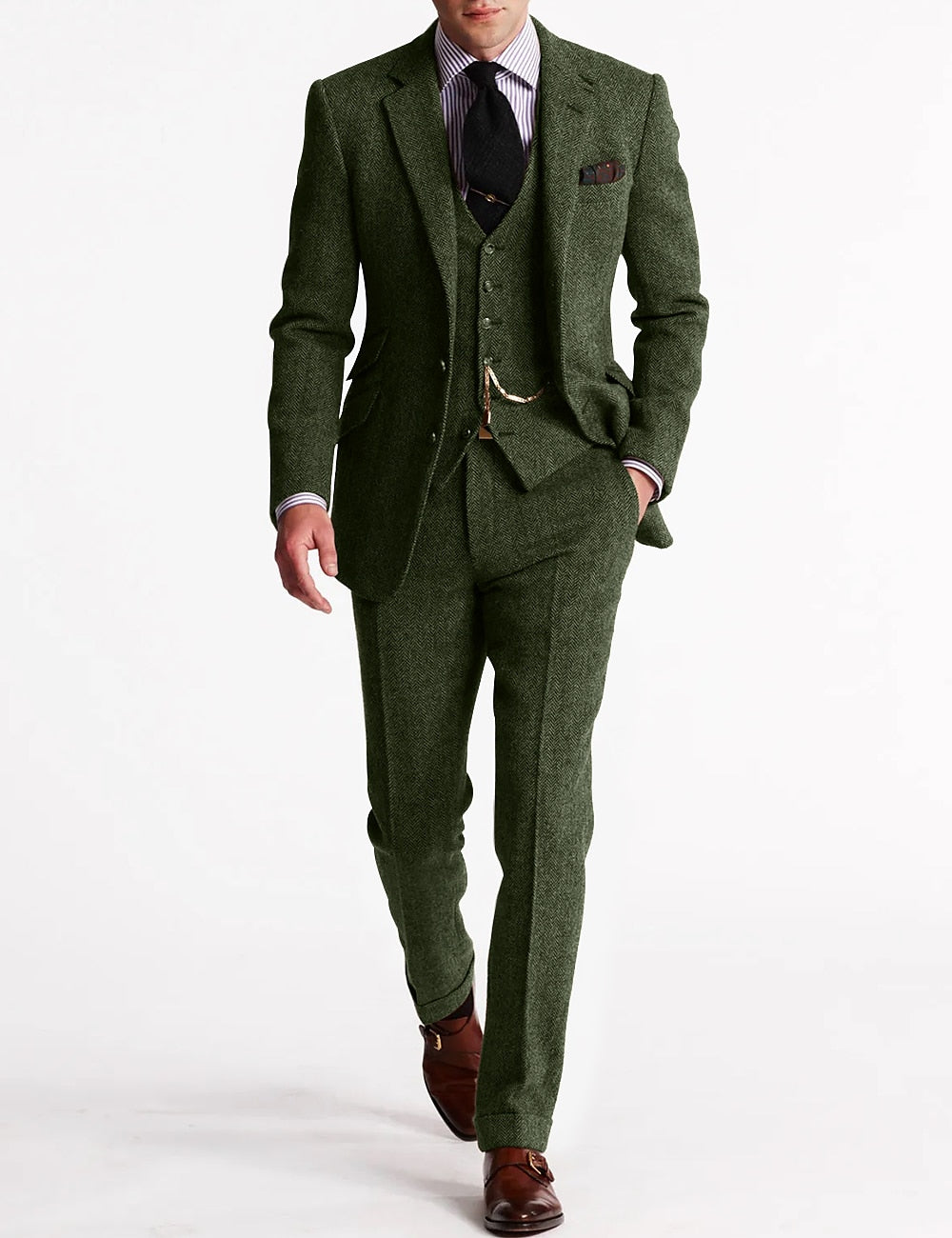 Men's Tweed Herringbone 3 Piece Suit, Slim Fit Notch Lapel Wedding Guest Suit
