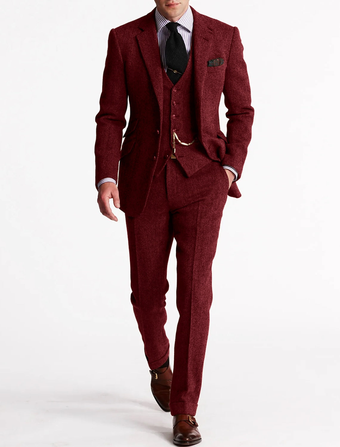 Men's Tweed Herringbone 3 Piece Suit, Slim Fit Notch Lapel Wedding Guest Suit