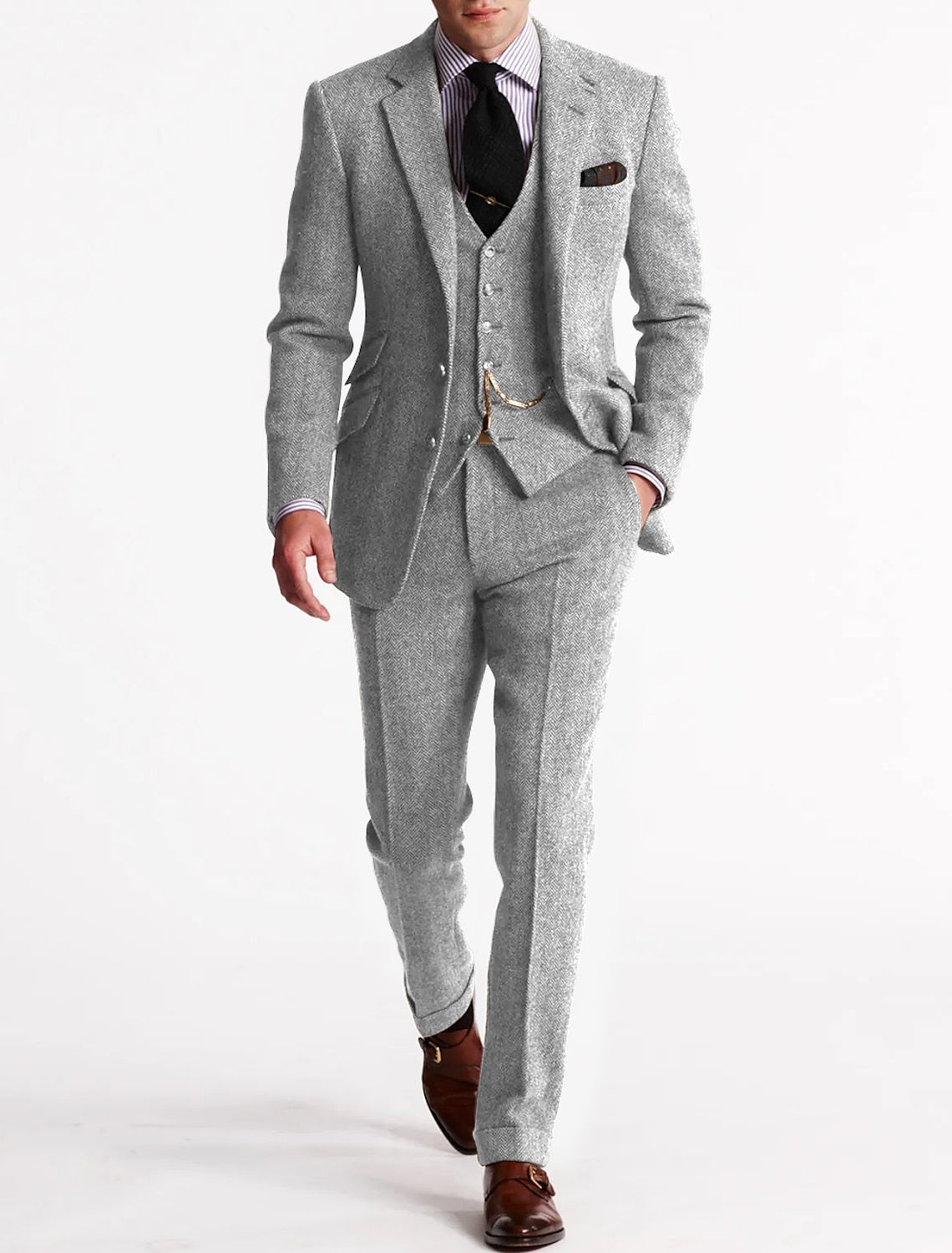 Men's Tweed Herringbone 3 Piece Suit, Slim Fit Notch Lapel Wedding Guest Suit