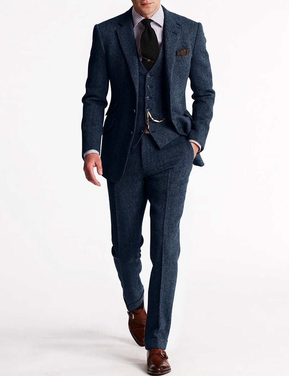 Men's Tweed Herringbone 3 Piece Suit, Slim Fit Notch Lapel Wedding Guest Suit
