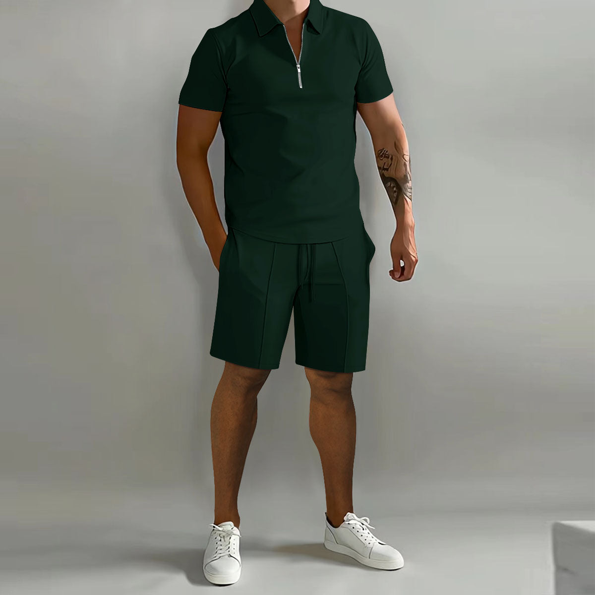 Men's Zip Polo Shirt and Shorts 2-Piece Set, Short Sleeve Quarter-Zip Drawstring Casual Summer