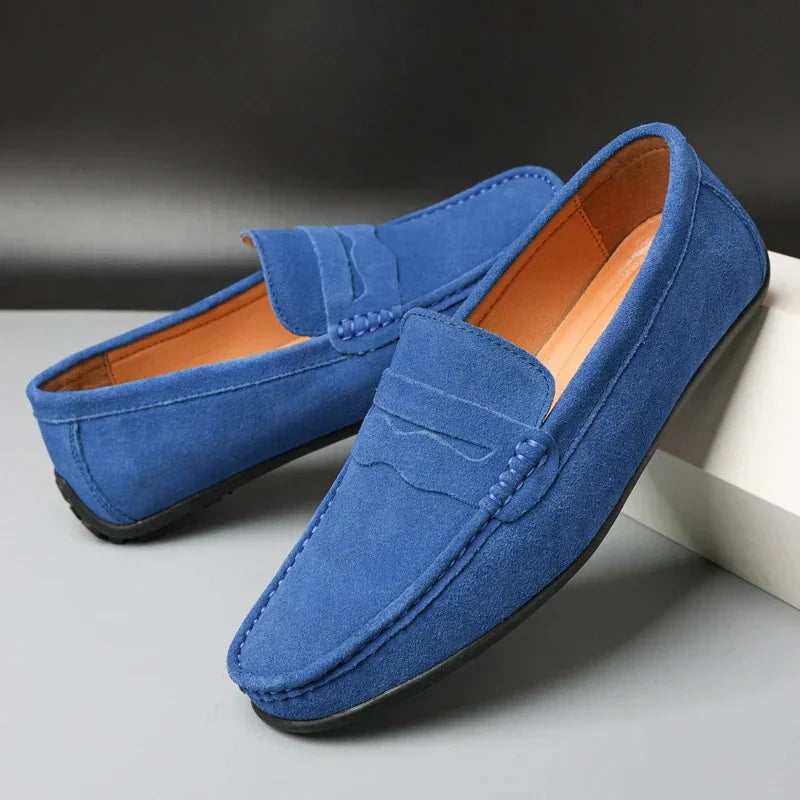 Men's penny loafers with moc toe stitching and slip-on design