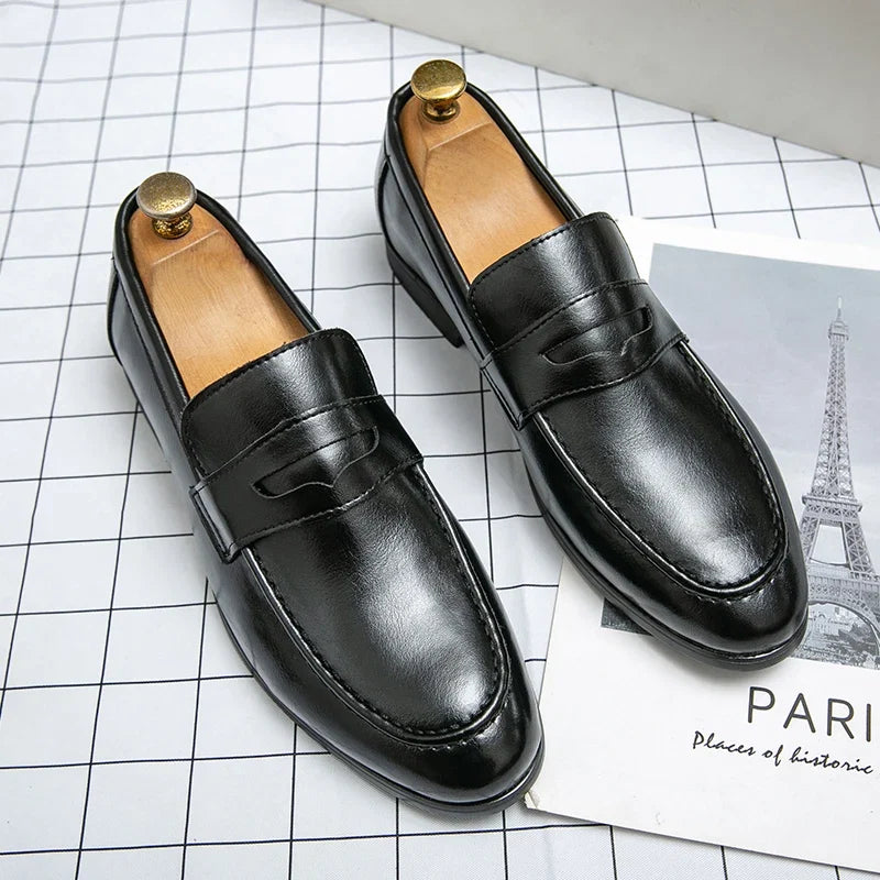 Men's penny loafers with front strap and almond toes