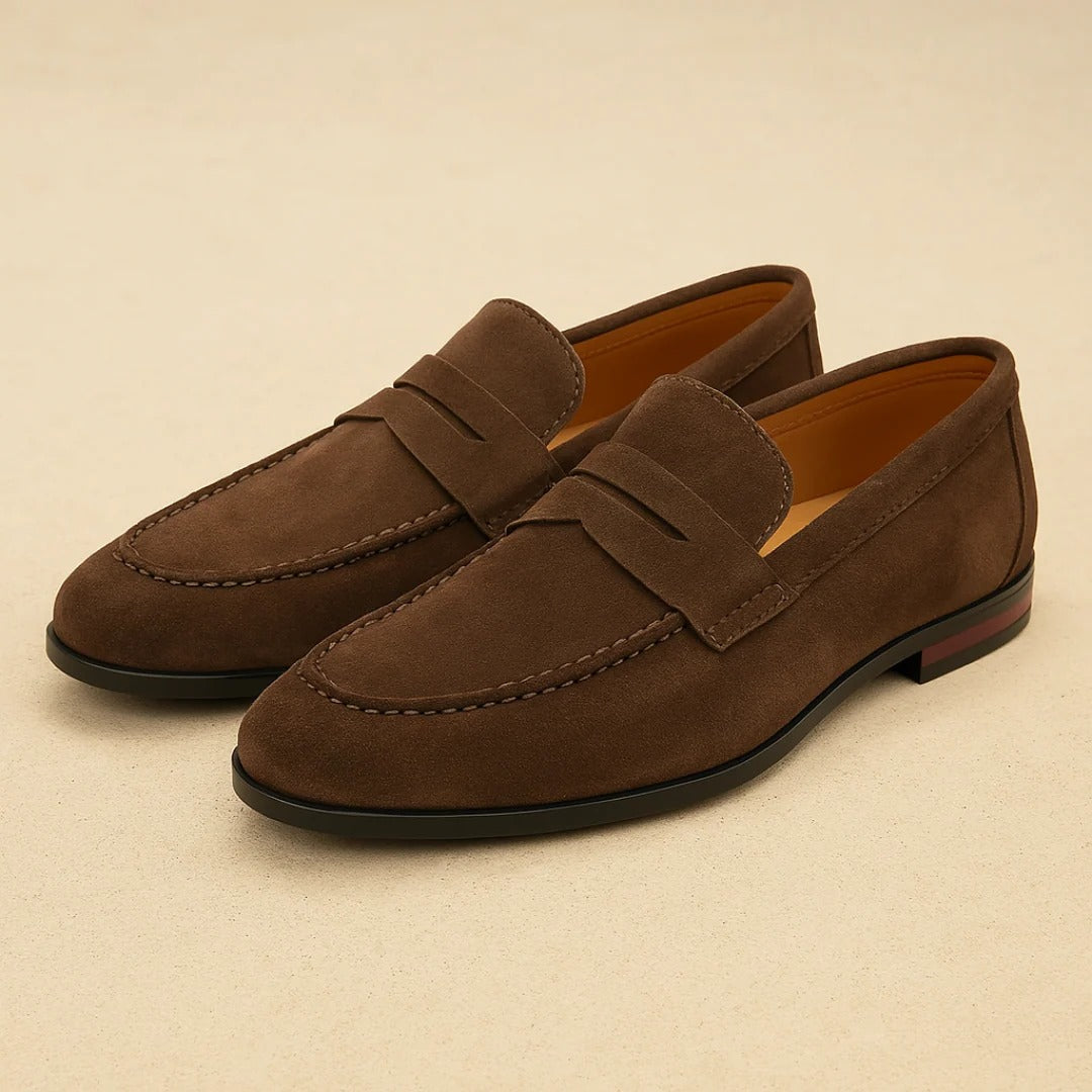 Men's penny loafers with rounded moc toe and low flat sole
