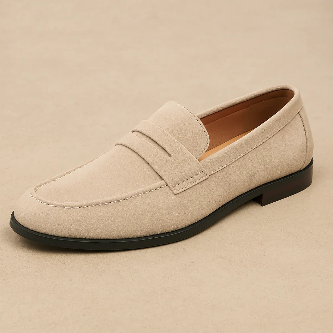 Men's penny loafers with rounded moc toe and low flat sole