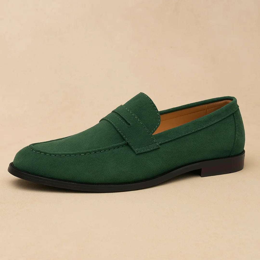 Men's penny loafers with rounded moc toe and low flat sole