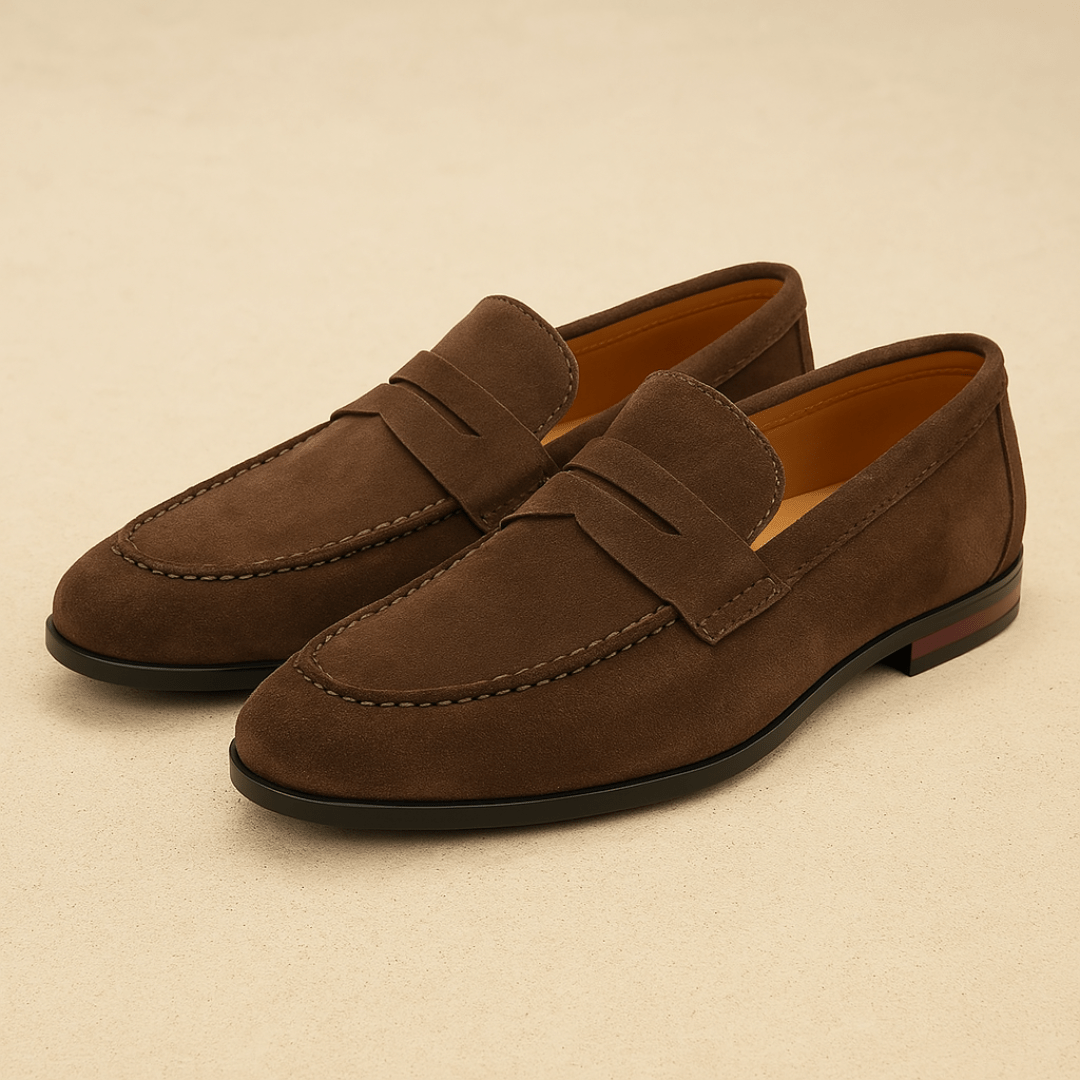 Men's penny loafers with moc toe and low heel