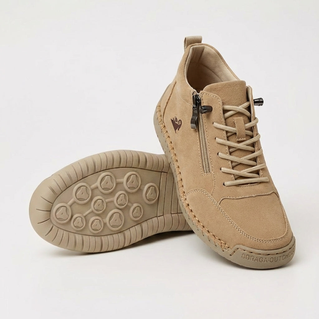 Lace-up ankle sneaker with side zip, shown in tan and pink colorways with padded collar