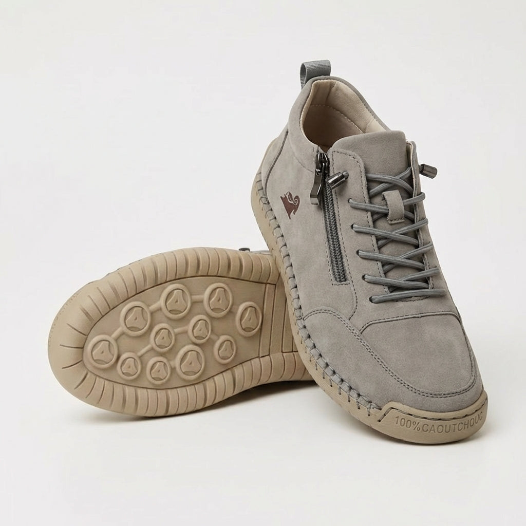 Lace-up ankle sneaker with side zip, shown in tan and pink colorways with padded collar