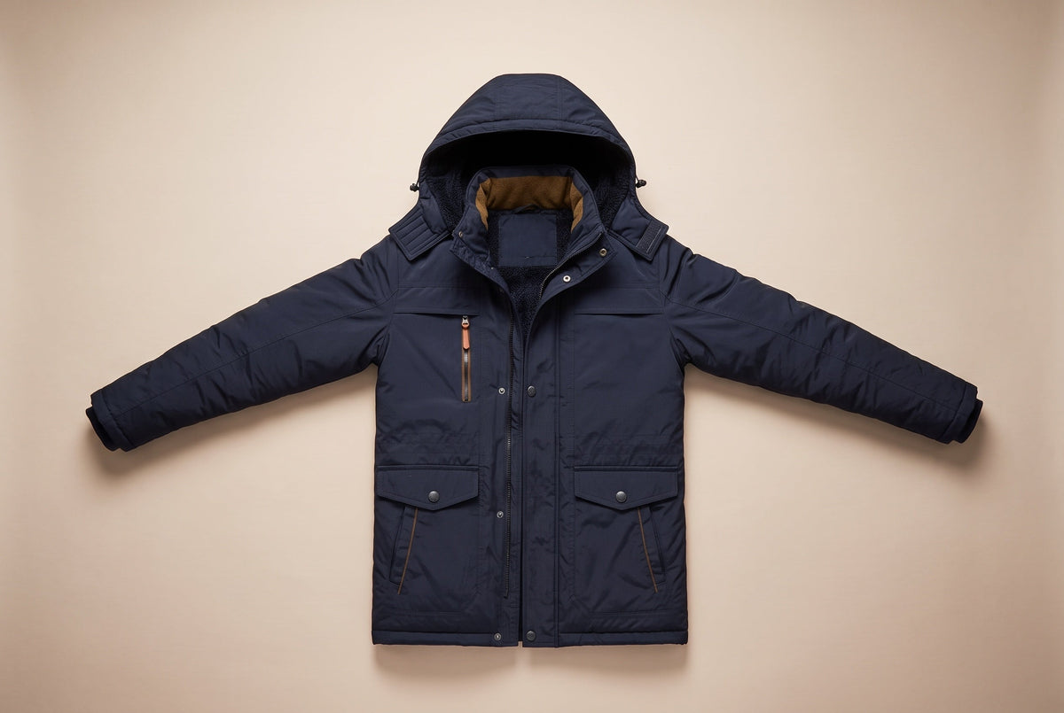 Men's hooded winter jacket with multiple pockets and long sleeves
