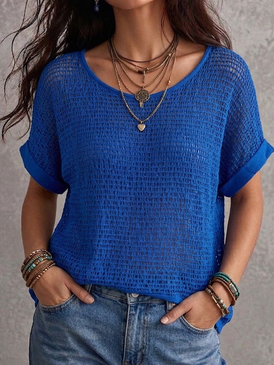 Women's round neck knit top with hollow grid texture and rolled short sleeves in blue and white