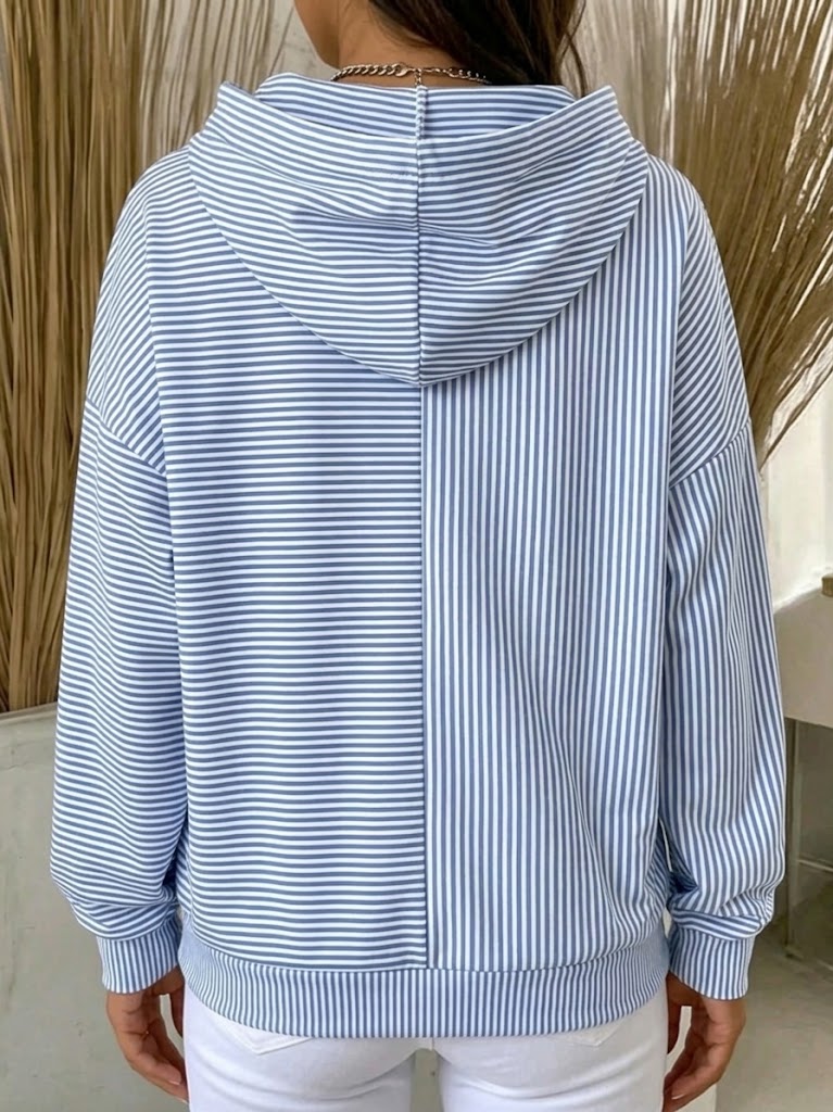 Women's striped hoodie with v-neck drawstring hood and front pouch pocket