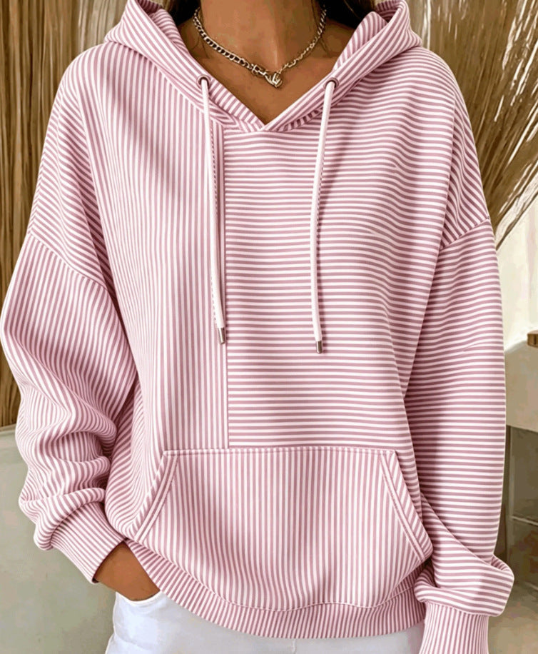 Women's striped hoodie with v-neck drawstring hood and front pouch pocket