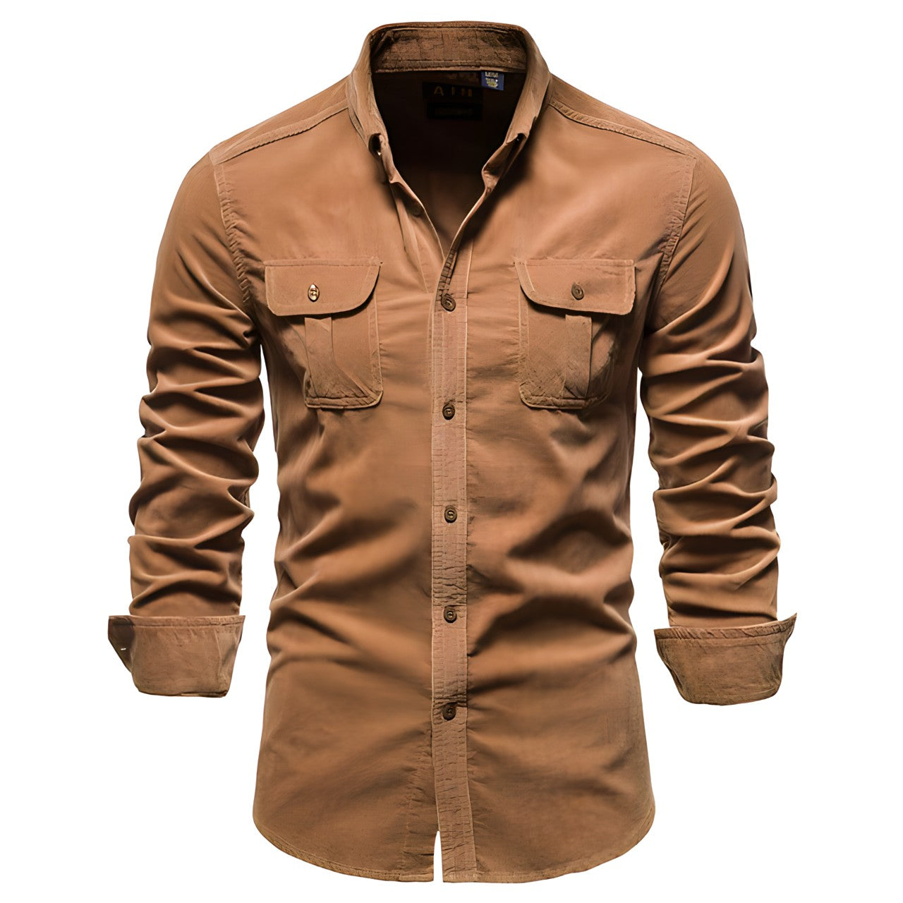 Men's casual long-sleeve shirt with chest pockets in brown and olive green