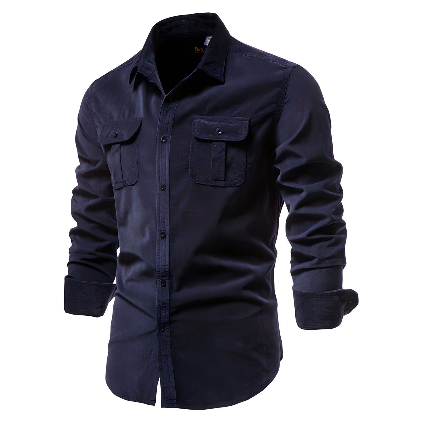 Men's casual long-sleeve shirt with chest pockets in brown and olive green