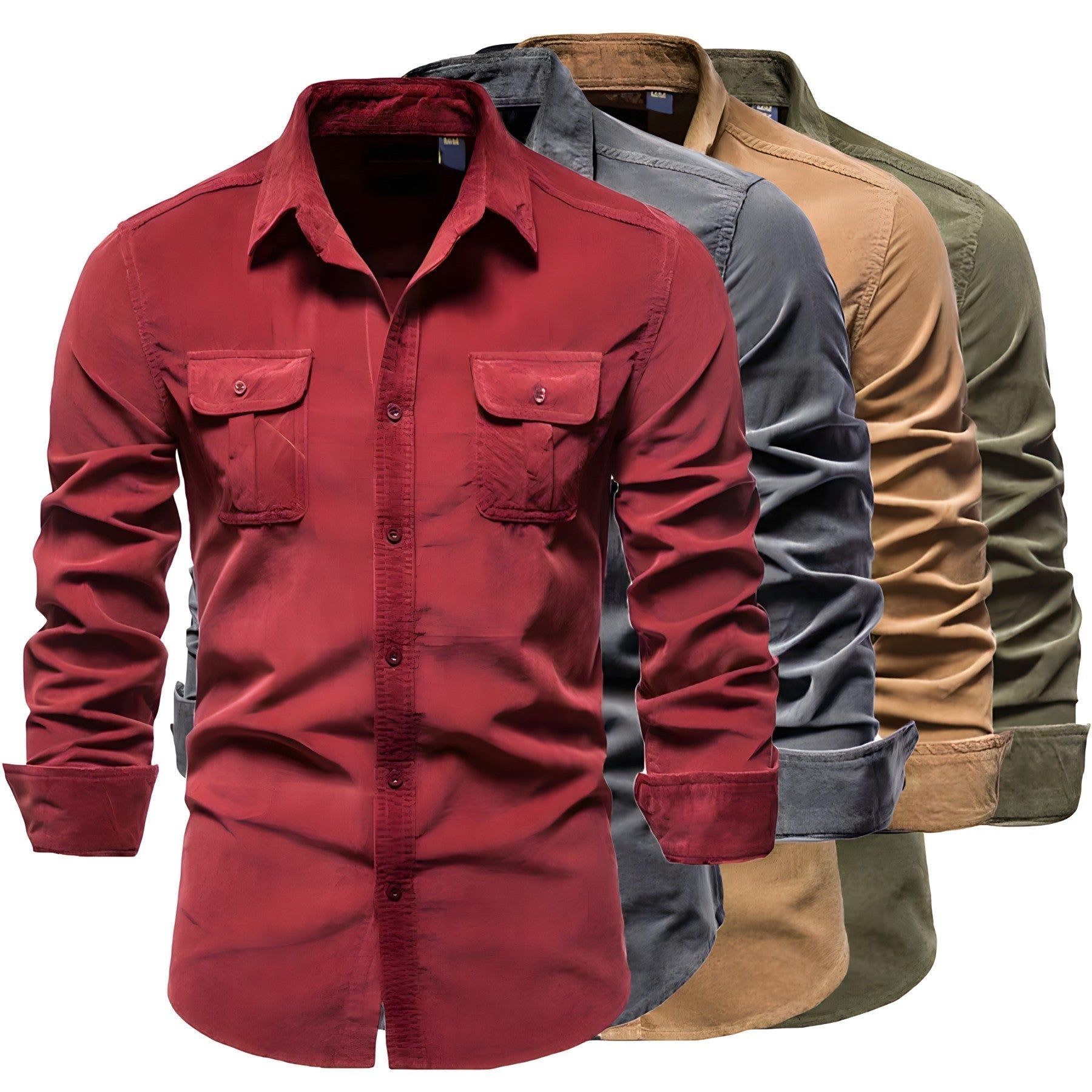 Men's casual long-sleeve shirt with chest pockets in brown and olive green