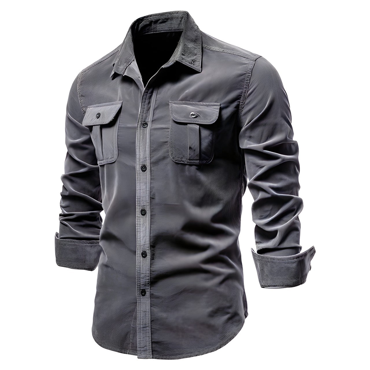 Men's casual long-sleeve shirt with chest pockets in brown and olive green