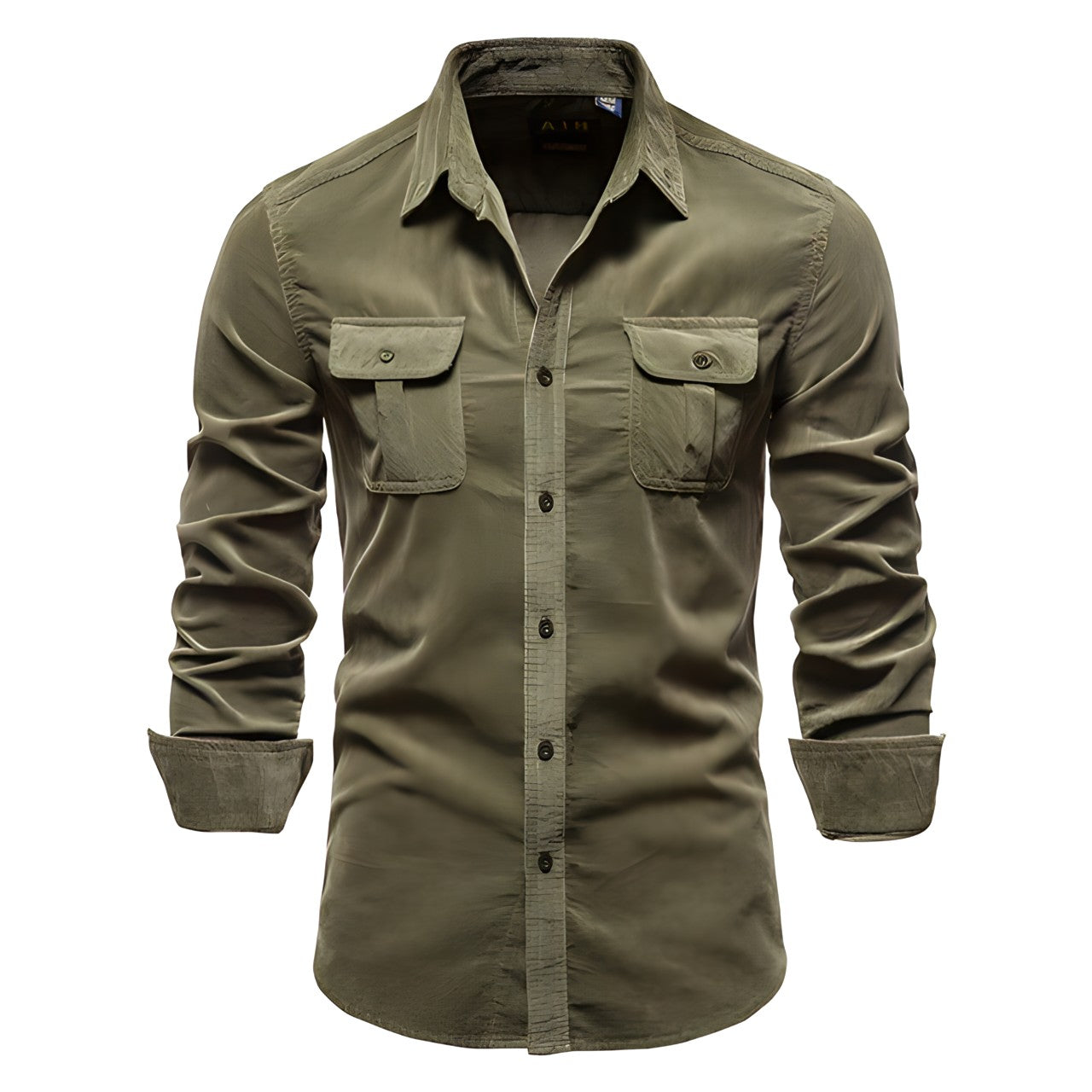 Men's casual long-sleeve shirt with chest pockets in brown and olive green
