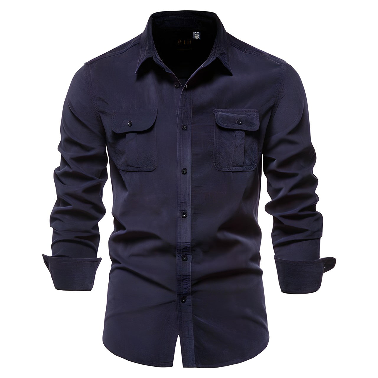 Men's casual long-sleeve shirt with chest pockets in brown and olive green