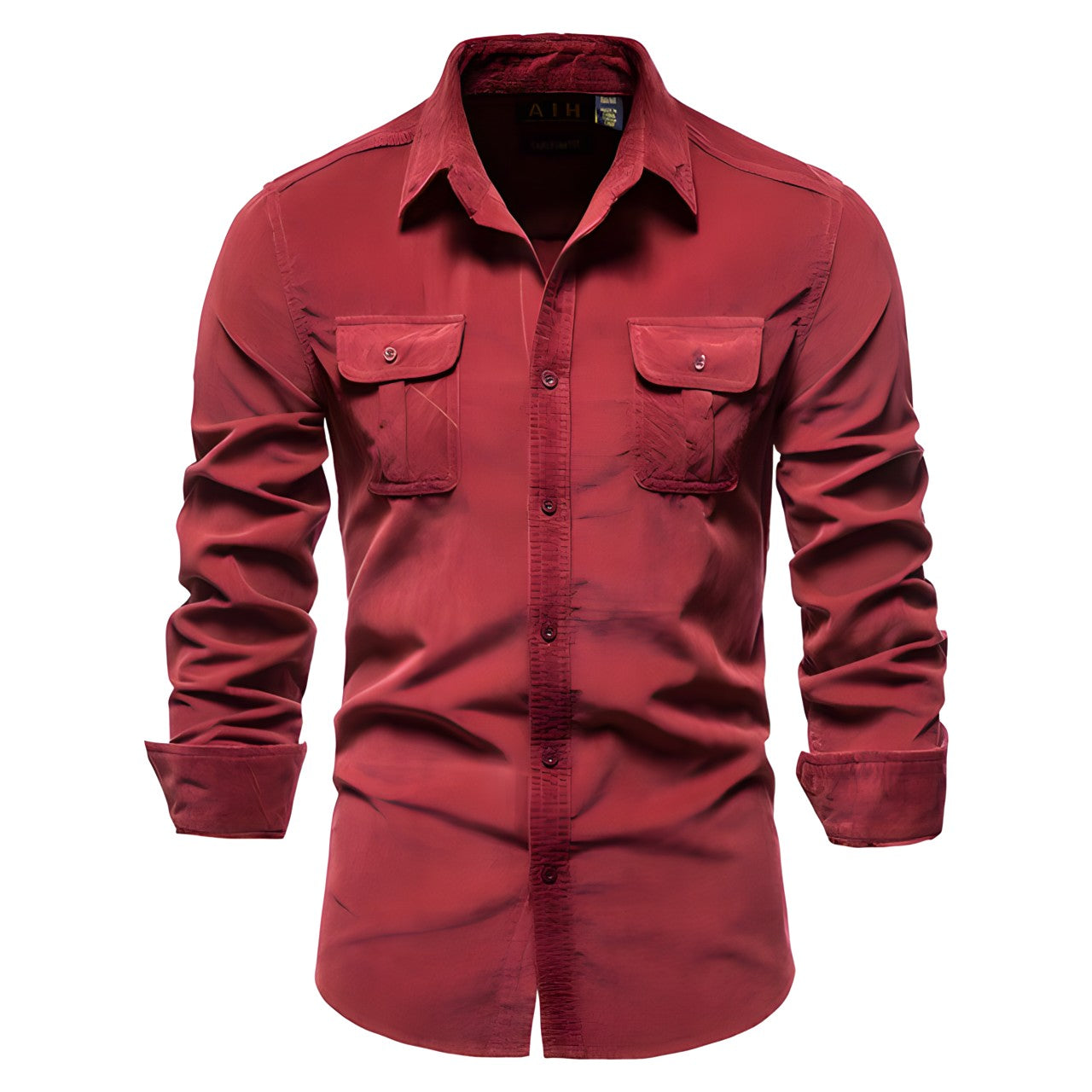 Men's casual long-sleeve shirt with chest pockets in brown and olive green