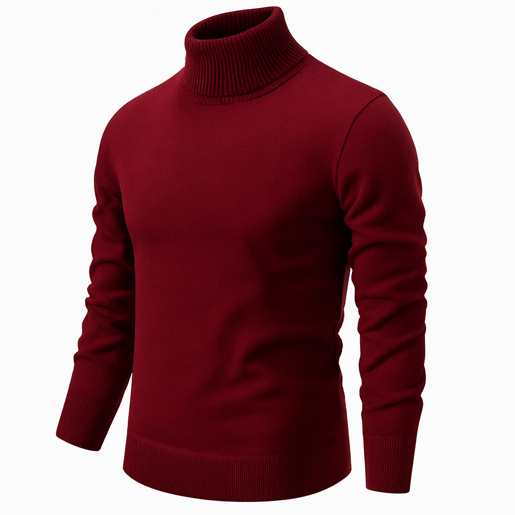 Men's beige turtleneck sweater with ribbed collar and long sleeves
