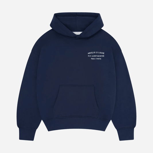 Unisex pullover hoodie with hood, kangaroo pocket and chest text