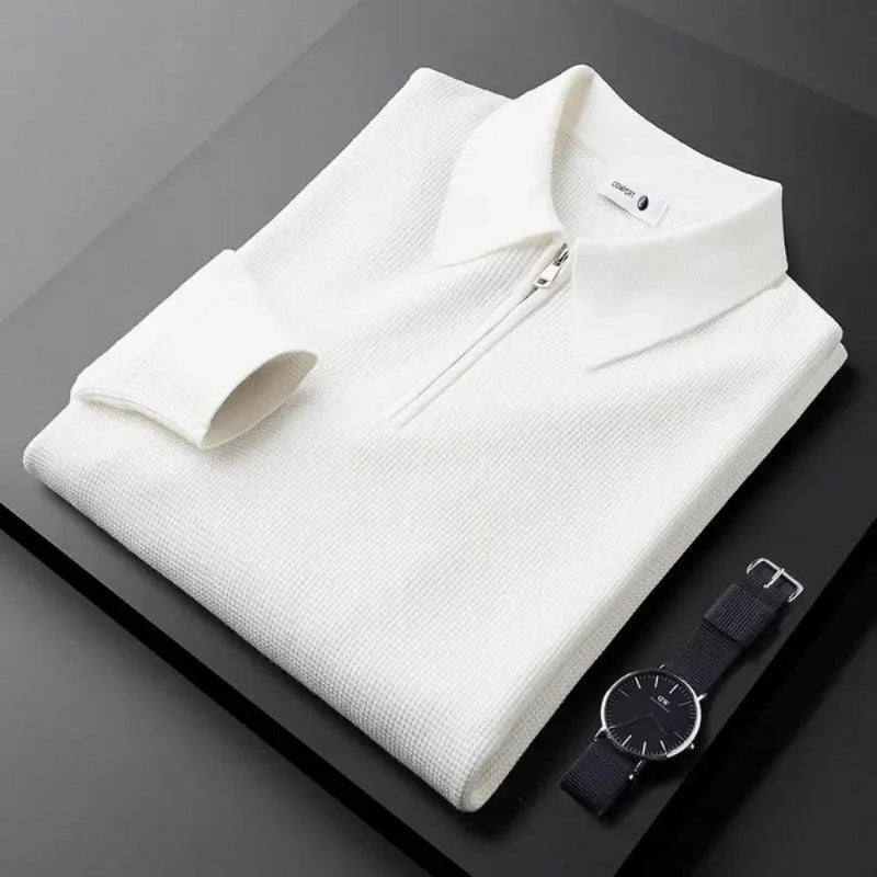 Men's knitted polo sweater with pointed collar and half-zip fastening