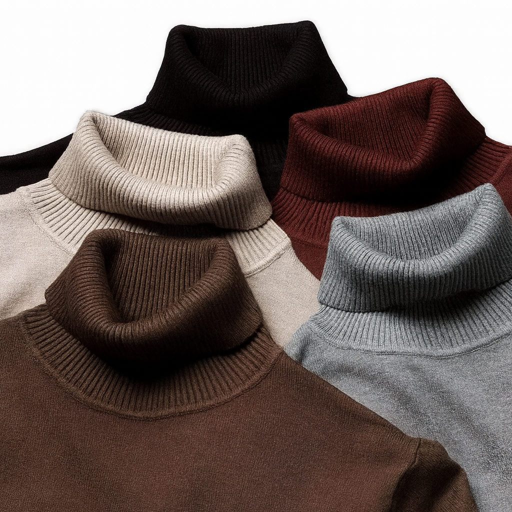 Men's beige turtleneck sweater with ribbed collar and long sleeves