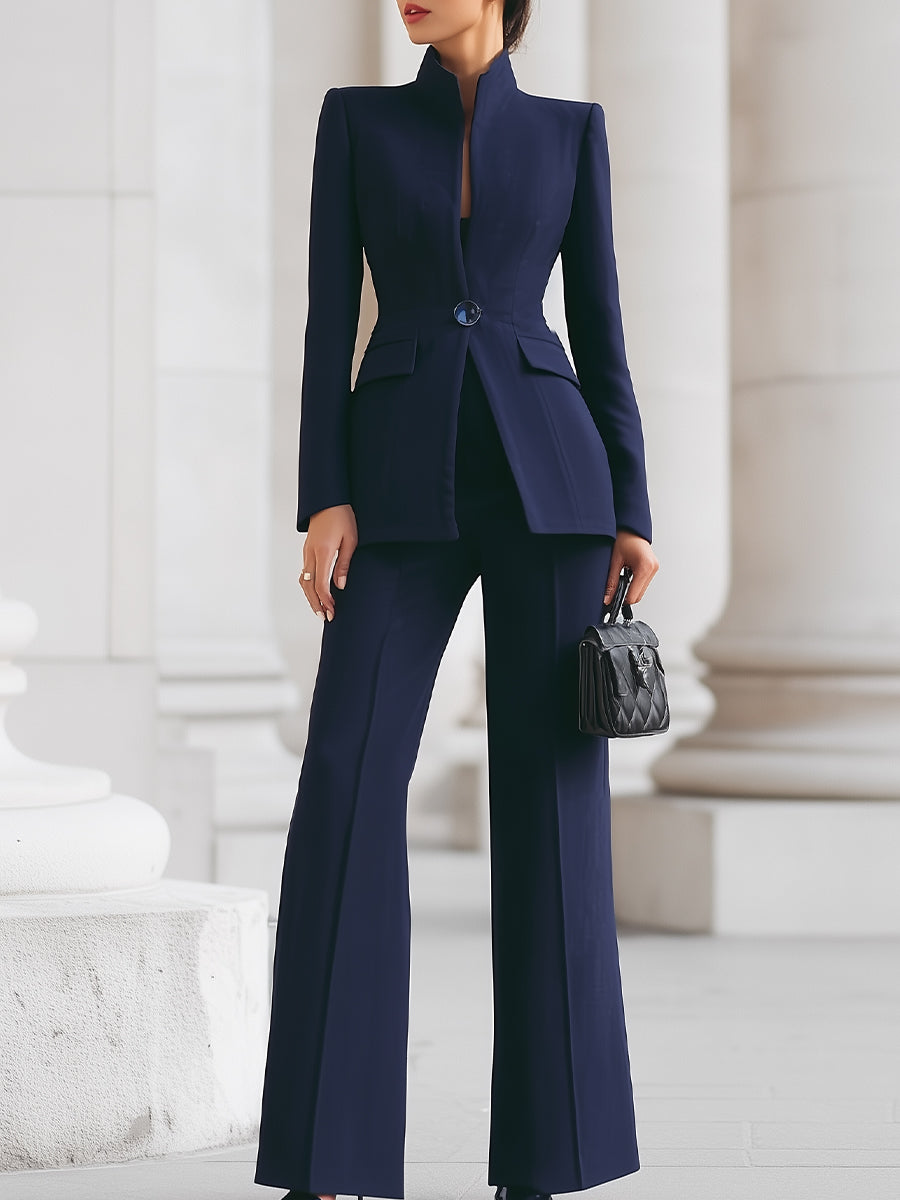Women's tailored blazer and wide-leg trouser suit set in navy and white, high collar