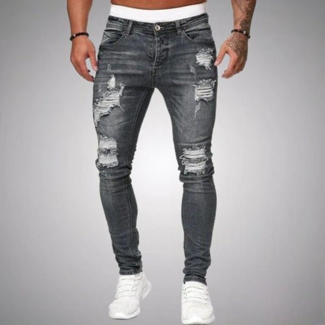 Men's skinny distressed jeans shown in multiple denim colours with ripped front detailing