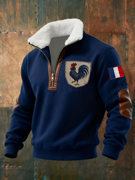 Men's half-zip sweatshirt with French flag patches, rooster embroidery and contrasting collar
