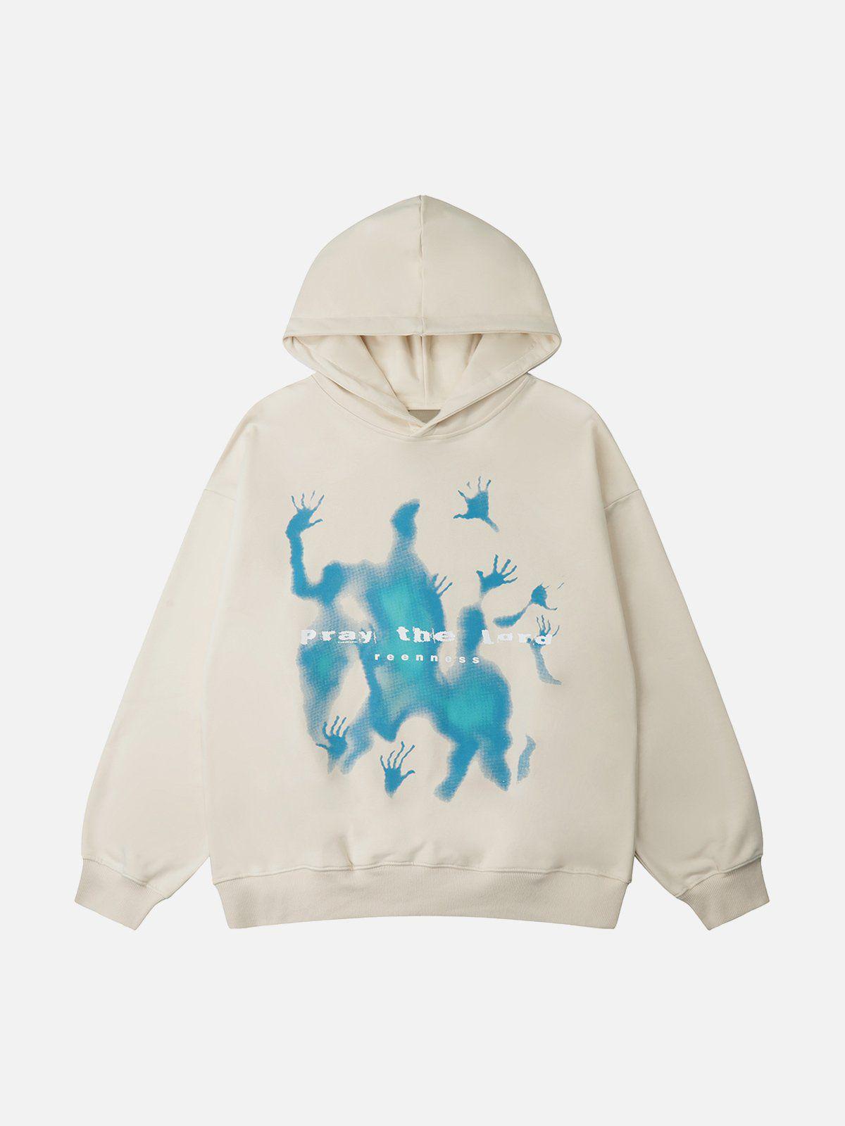 Hooded sweatshirt with blue abstract figure graphic and ribbed trims