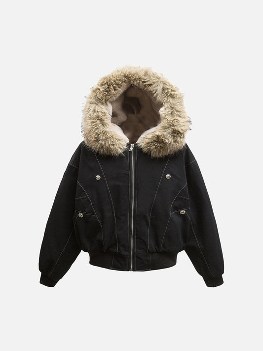Hooded faux fur lined bomber jacket with zip front
