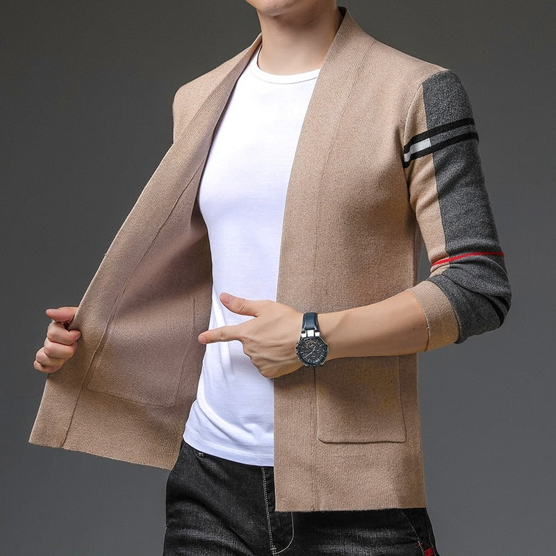 Men's open front cardigan with striped long sleeves and patch pockets