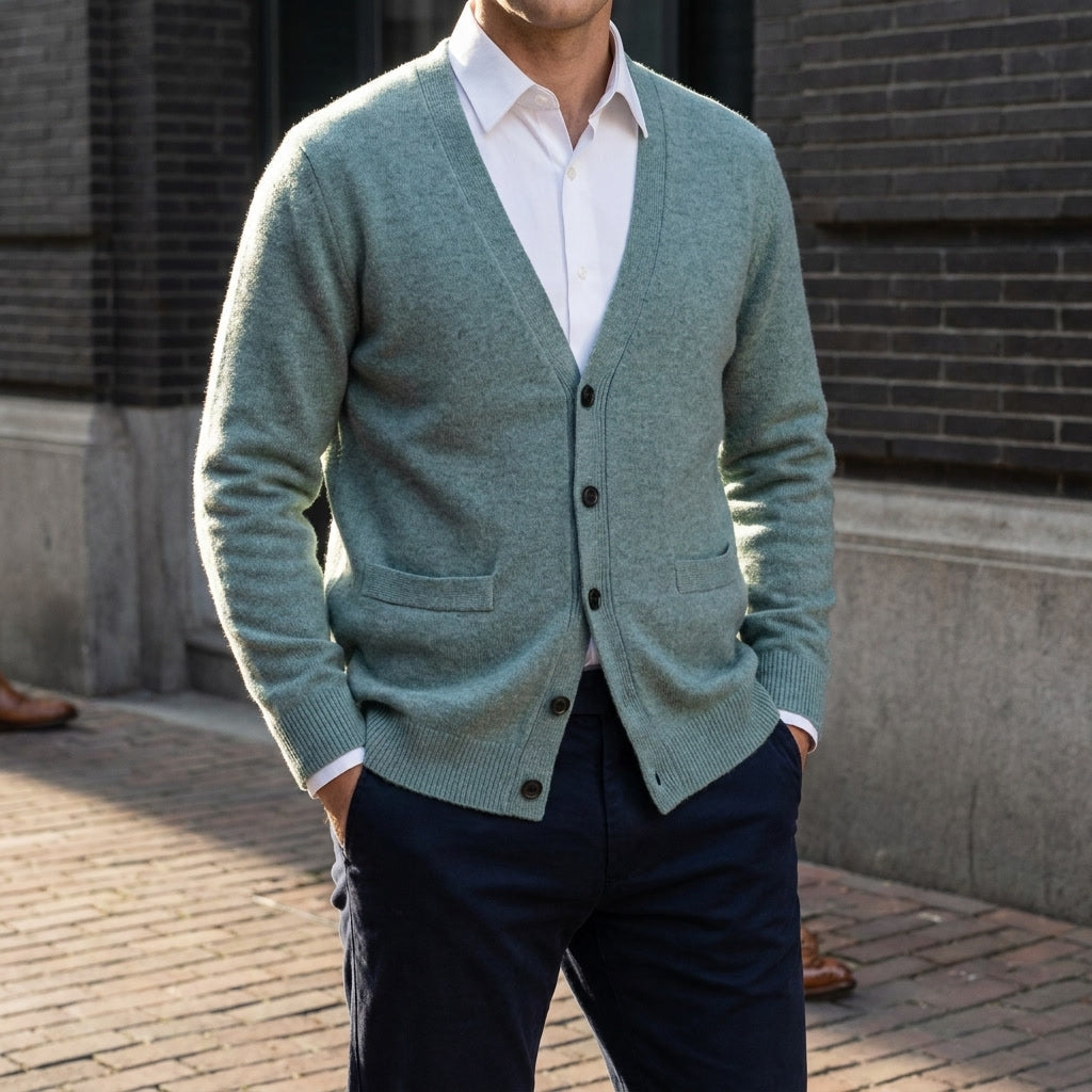 Men's V-neck button cardigan with long sleeves, ribbed trims and front pockets