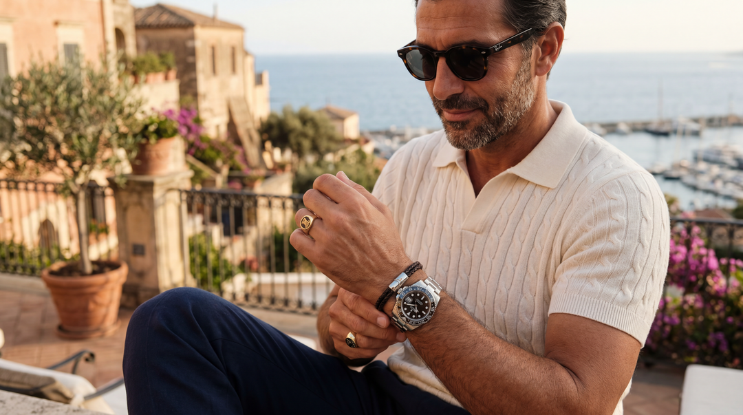 Knitted polo worn with a watch