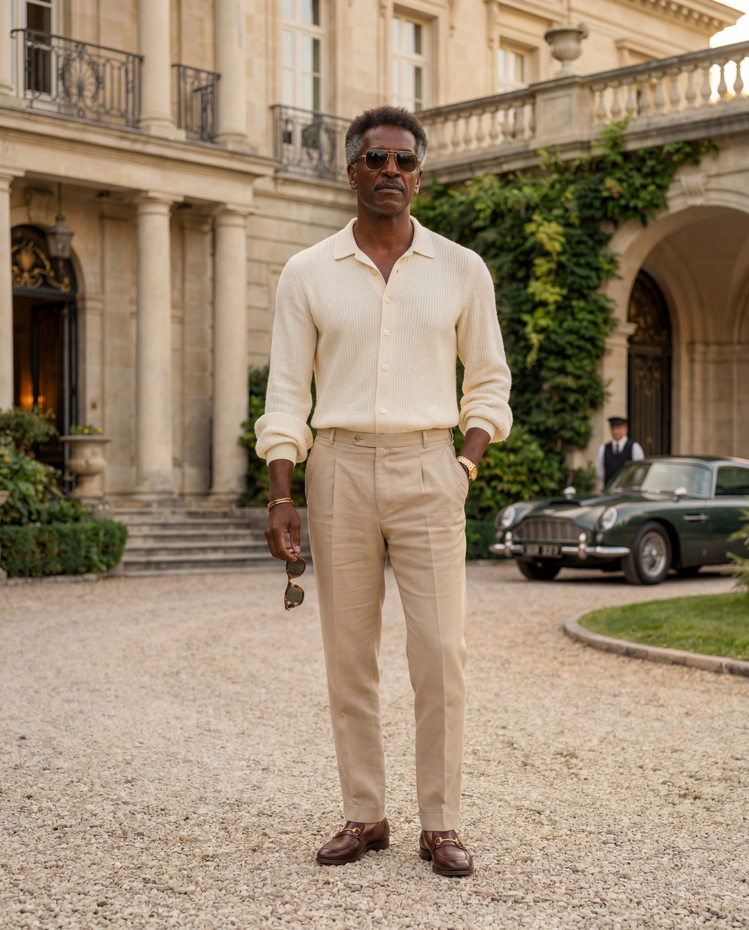 Full length outfit, stone trousers and cream shirt