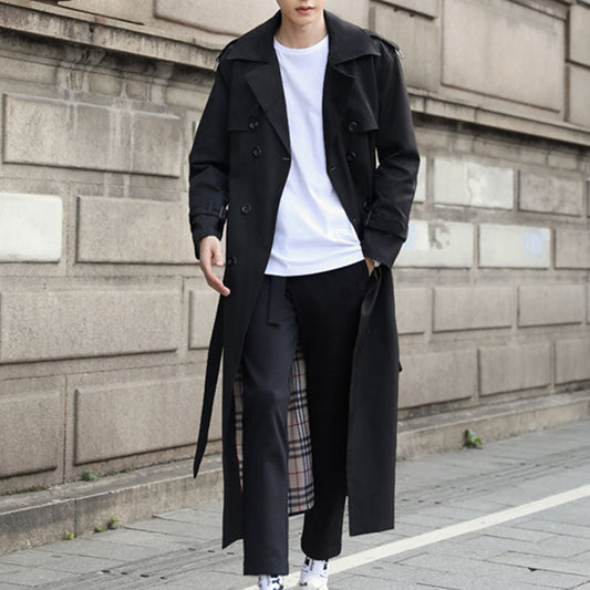 Men's long double-breasted trench coat with belt, buttoned pockets and checked lining