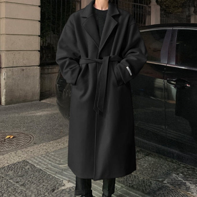 Men's long belted overcoat with notched lapels and side pockets