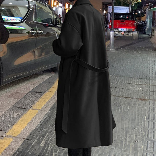 Men's long belted overcoat with notched lapels and side pockets