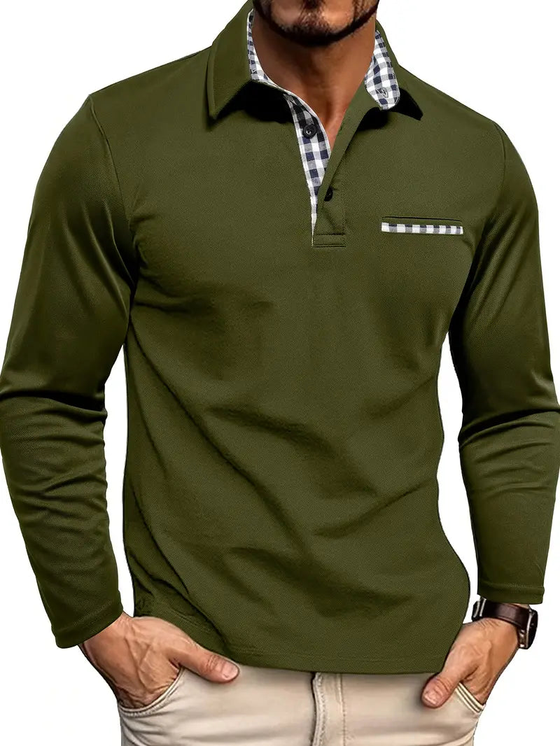 Men's Long Sleeve Polo Shirt, Slim Fit Check Detail Smart Casual Polo for Autumn
