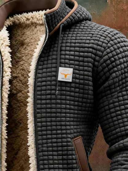 Men's textured quilted hooded jacket with full-zip front and plush contrasting lining