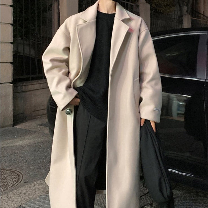 Men's long belted overcoat with notched lapels and side pockets