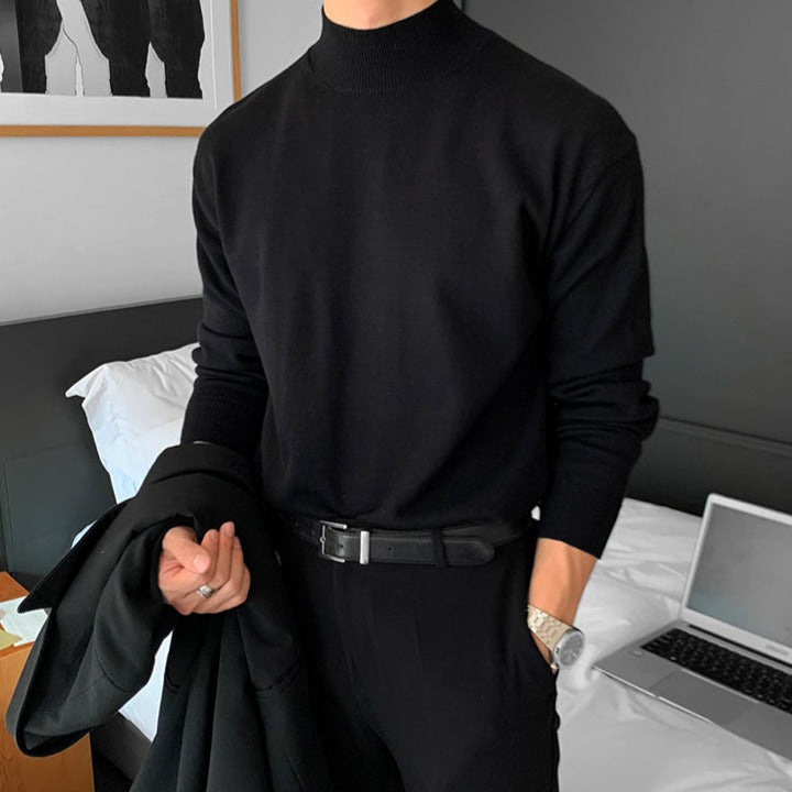 Men's plain ribbed mock neck sweater with long sleeves and ribbed trims