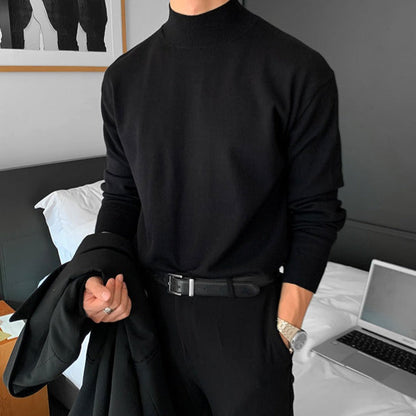 Men's plain ribbed mock neck sweater with long sleeves and ribbed trims