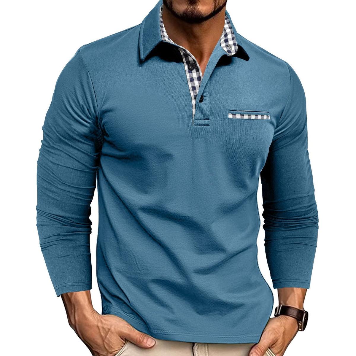 Men's long sleeve polo shirt with checked collar trim and button placket