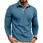 Men's long sleeve polo shirt with checked collar trim and button placket