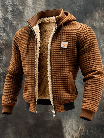 Men's textured quilted hooded jacket with full-zip front and plush contrasting lining