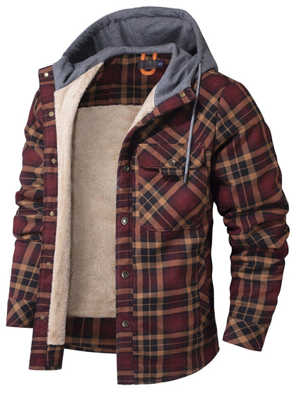 Men's checked hooded jacket with button front and contrasting lining